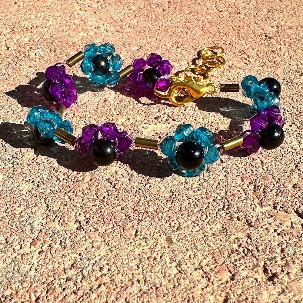 Blue and Purple Floral Bracelet with Gold Accents
